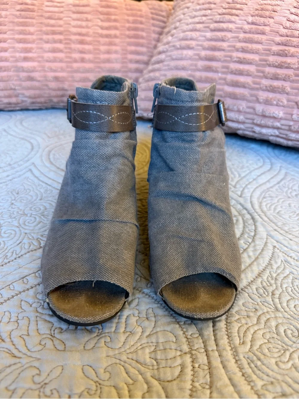 Open-Toe Gray Canvas Wedge Booties with Ankle Strap